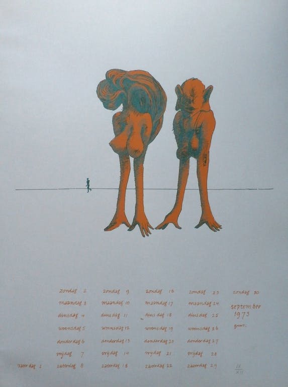 Geurt van Dijk - surrealistische figuren - 1972 - Gelderse kunstkalender 1973 kopen? Bied vanaf 10!