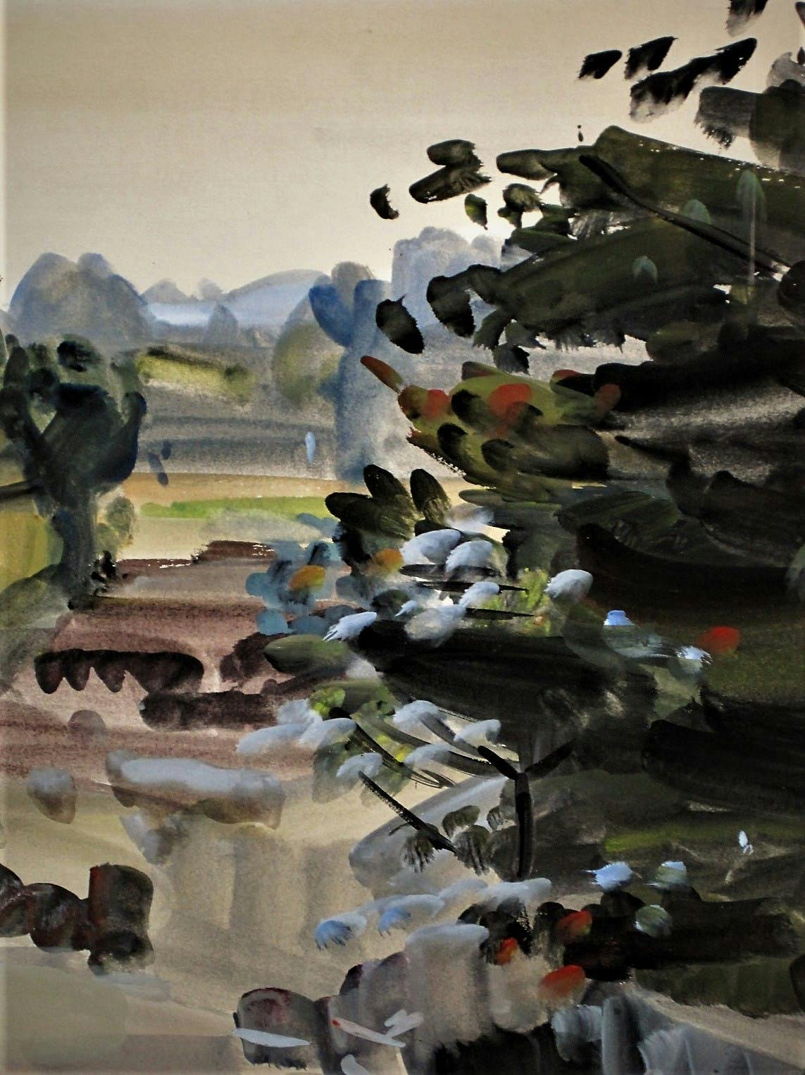 Hein Stork - GROTE impressionistische Gouache "Landschap Ruinen Drenthe" gesigneerd kopen? Bied vanaf 10!